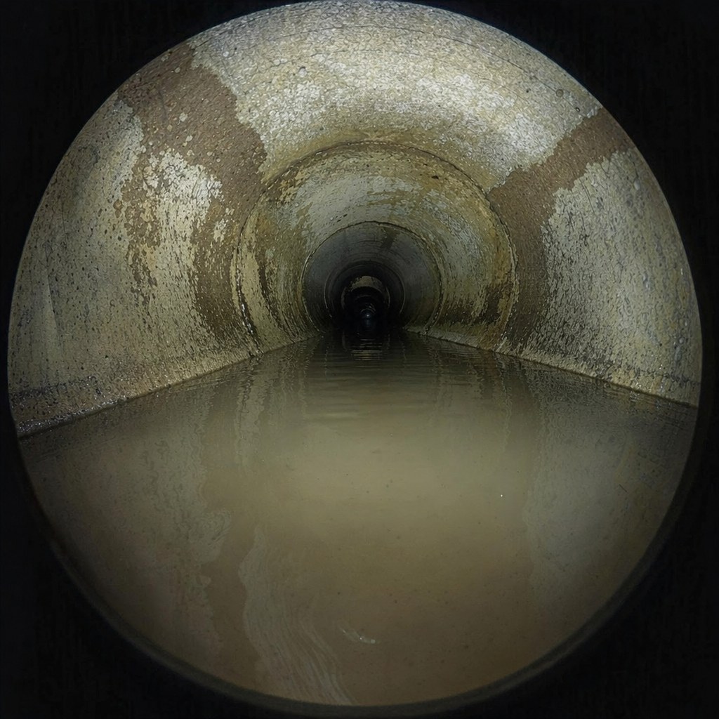 Camera view of pooled water in a sagging sewer pipe