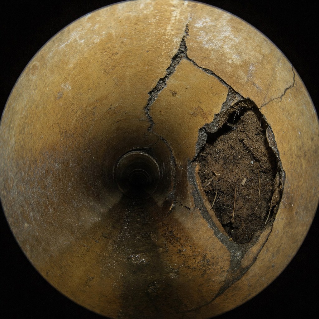 Camera view of a cracked pipe with soil visible