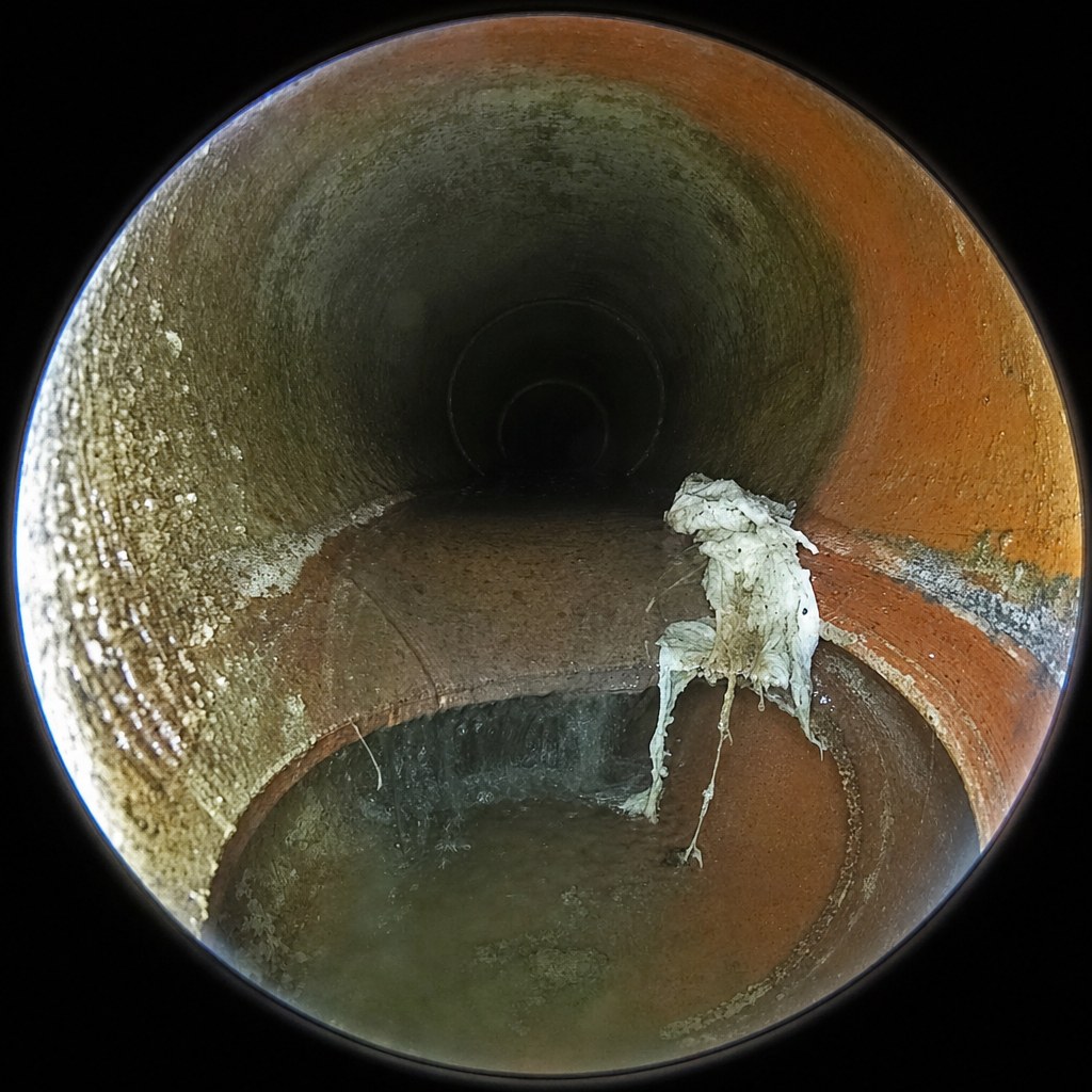 Camera view of an offset sewer pipe joint