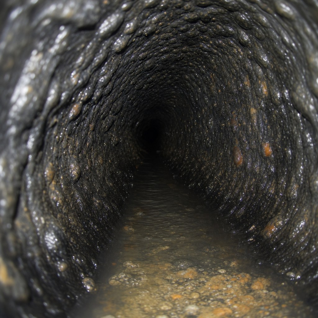Camera view of deformed black Orangeburg pipe