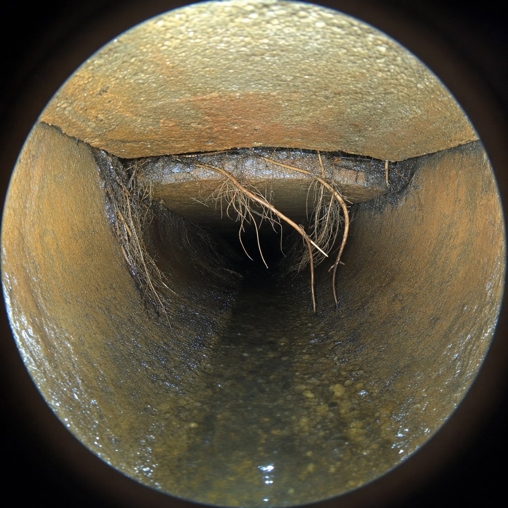 Camera view of roots entering a clay pipe joint