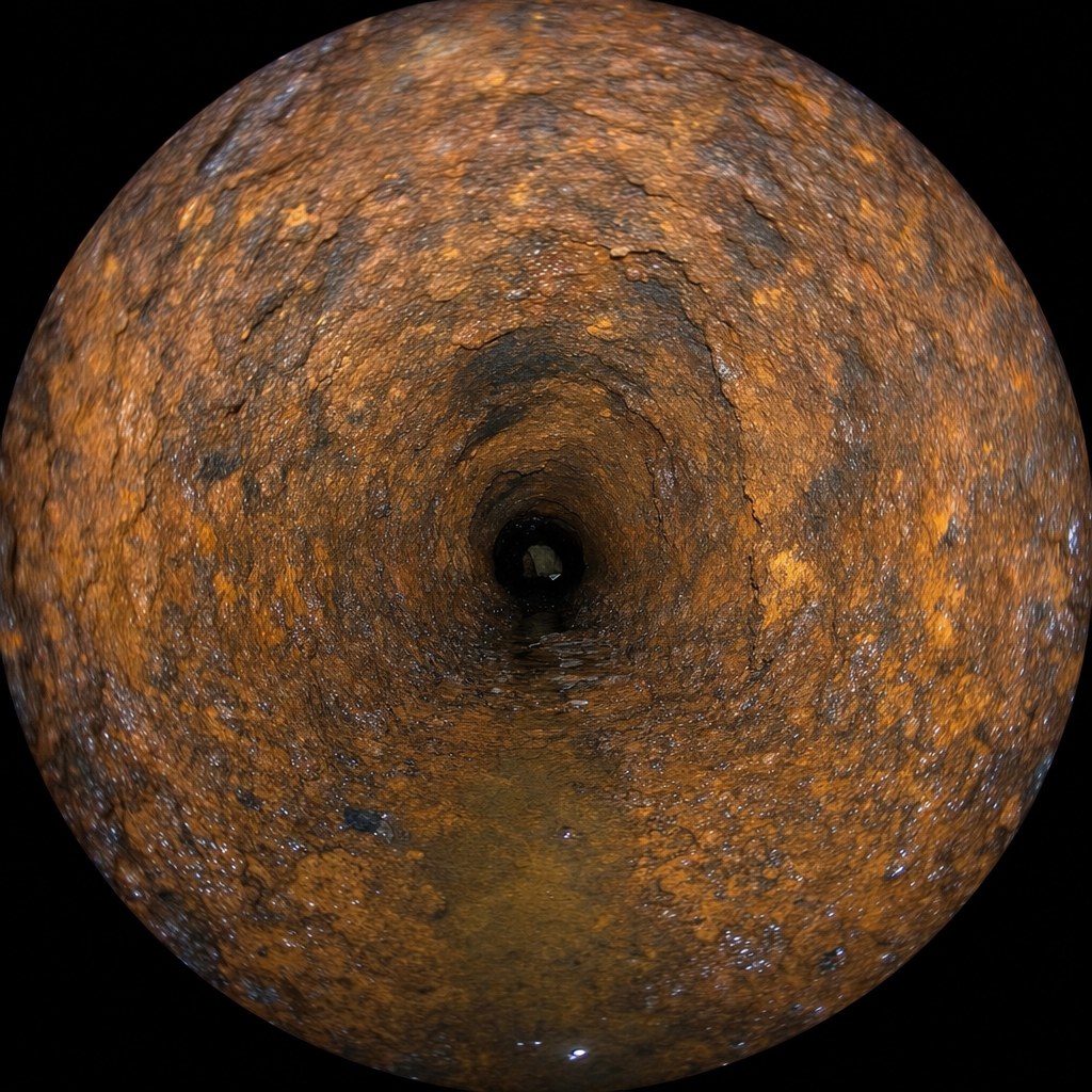 Camera view of rust scale inside cast iron pipe