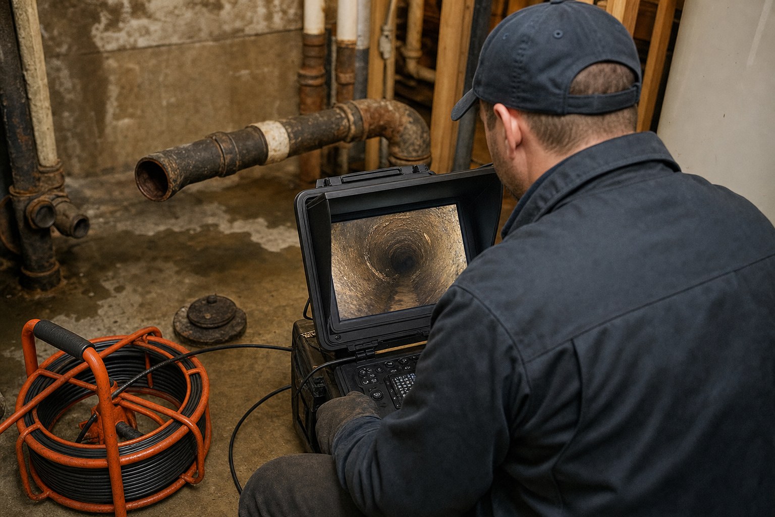 Illustrative technician reviewing sewer camera footage in a basement
