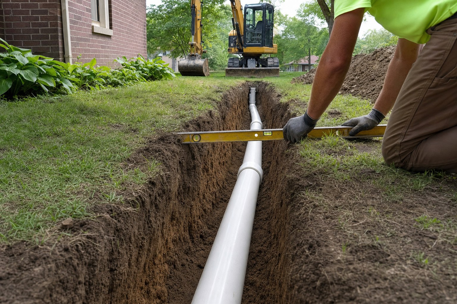 Illustrative sewer line excavation with new PVC pipe