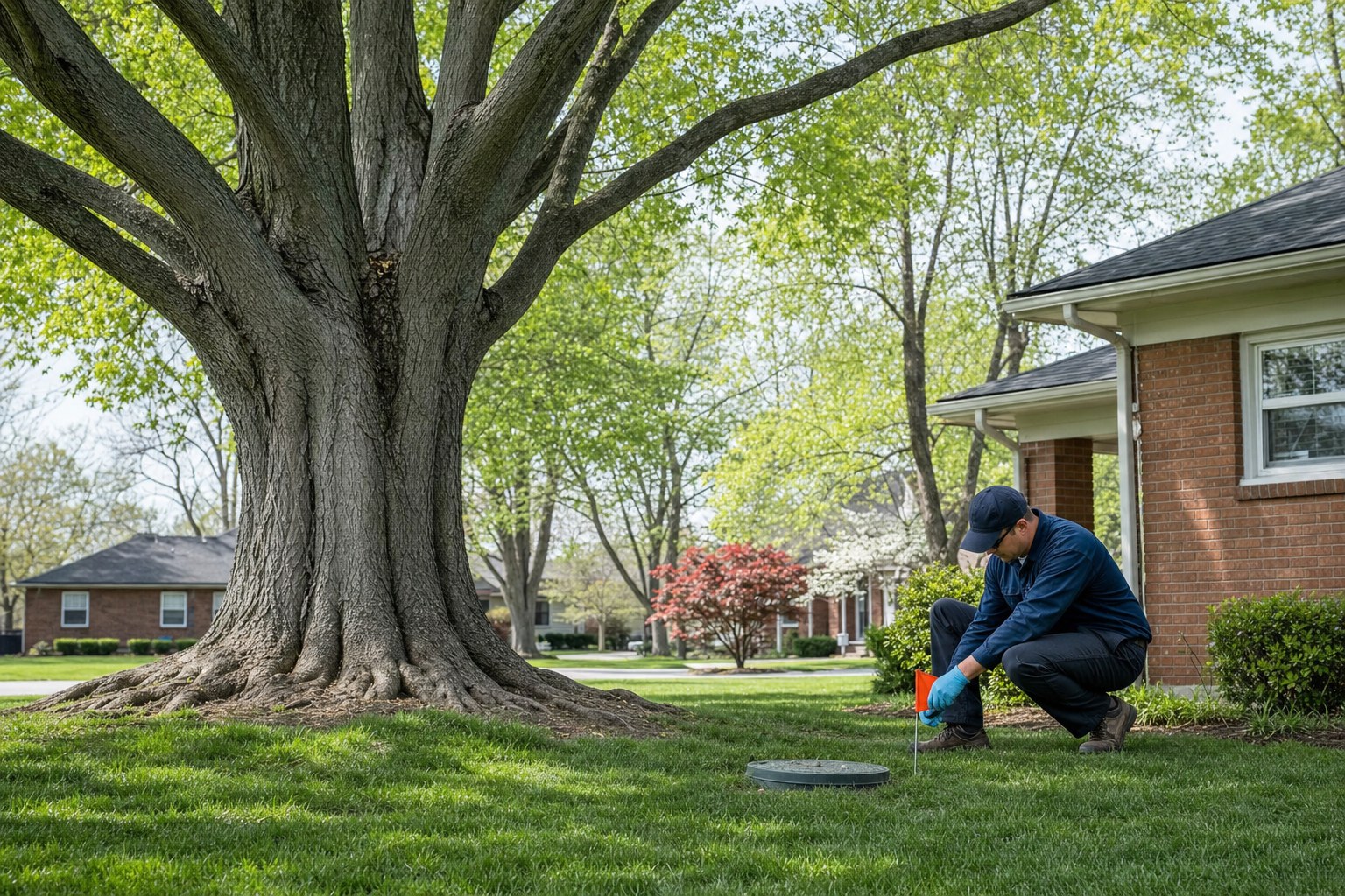 Illustrative technician marking a sewer line near a mature tree