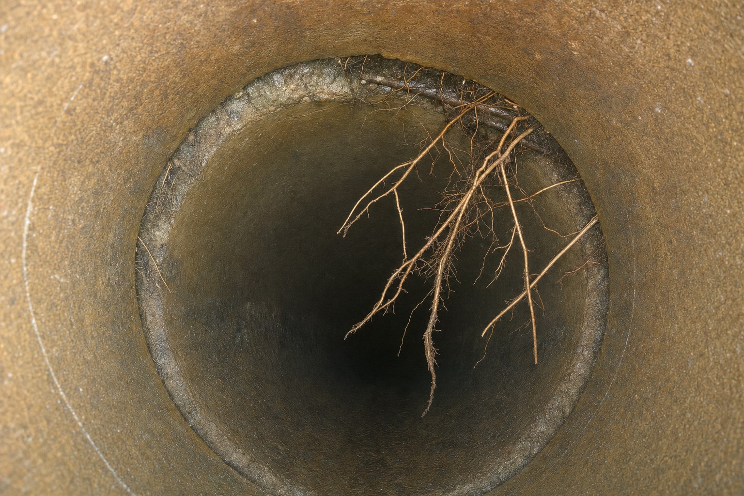 Illustrative sewer camera view showing roots entering a clay pipe joint
