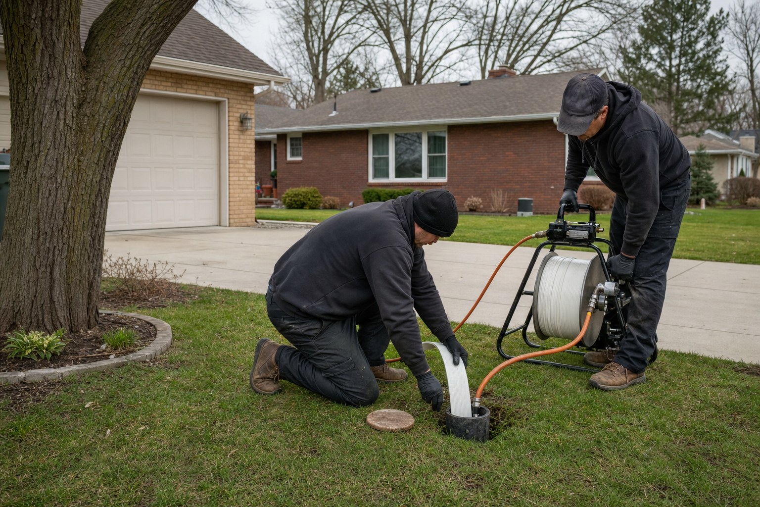 Illustrative trenchless lining work beside an older home