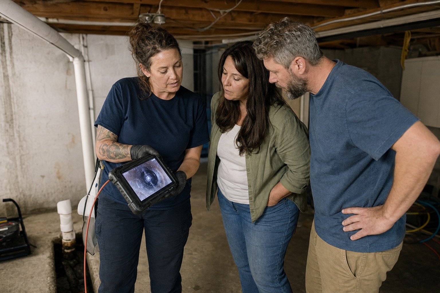 Illustrative technician showing homeowners sewer camera footage on a tablet in a basement
